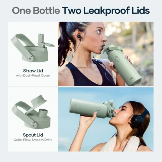 Buzio Duet Series Water Bottle with 2 Lids and Sleeve 1.2L - Green